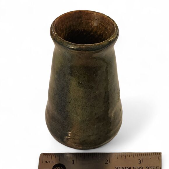 Ceramic Handmade Pottery Bud Vase Brown Blue-Green Glaze, Signed KC, 4" x 2.5" - Picture 4 of 5